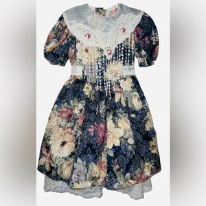 Vintage Fouger Girls Blue Floral Tapestry Lace Dress Size 6 Party